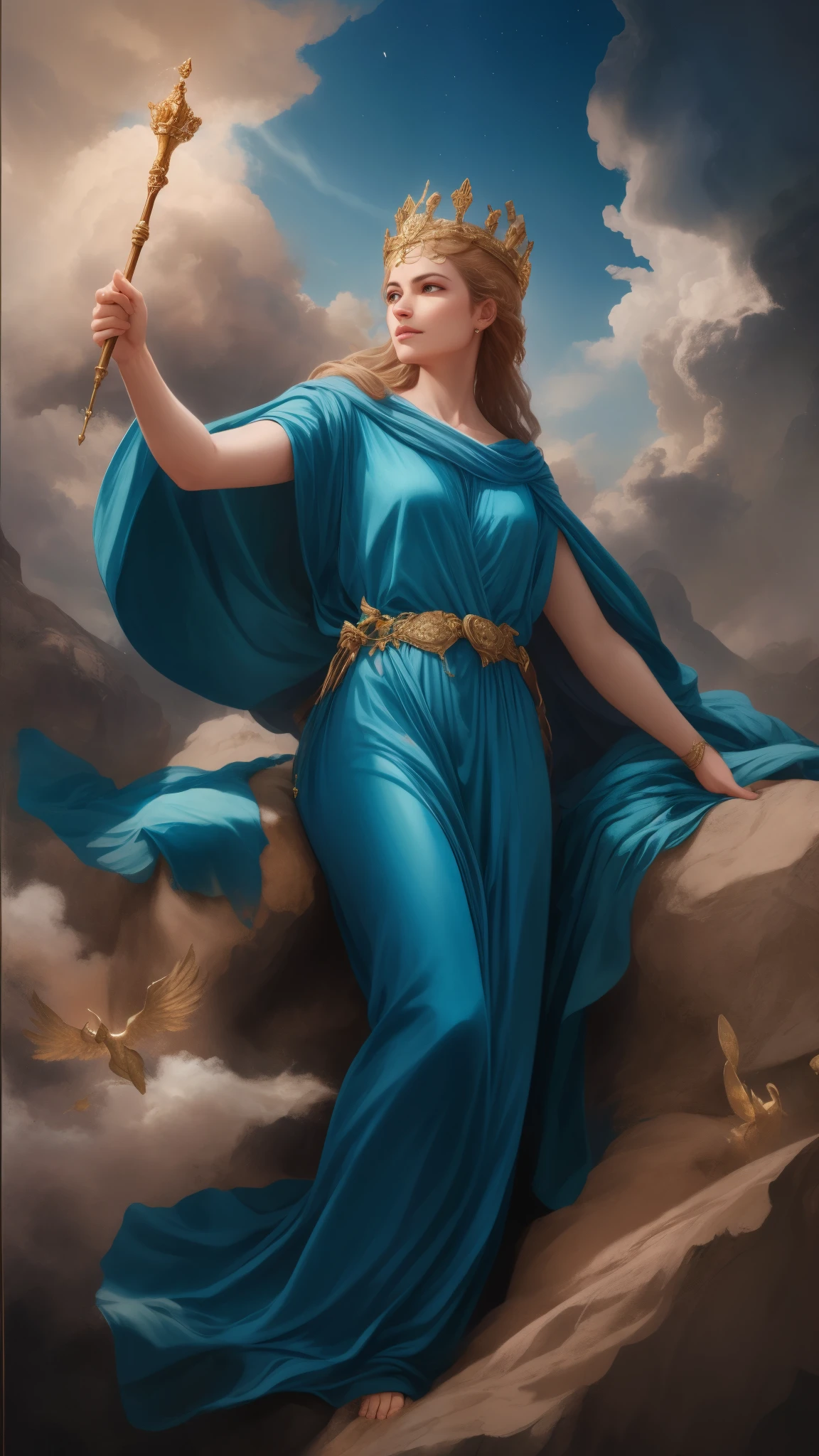 A majestic and captivating work of art depicting an ancient Greek goddess. She is adorned in a flowing Tyrian blue robe, with a golden crown that accentuates her divine beauty. The goddess holds a scepter that gleams with a mysterious power. Her expression is one of wisdom and serenity, as she overlooks her heavenly realm, which consists of clouds, a blue sky, and a few celestial beings. The overall atmosphere of the piece is ethereal and timeless, evoking a sense of awe and reverence.