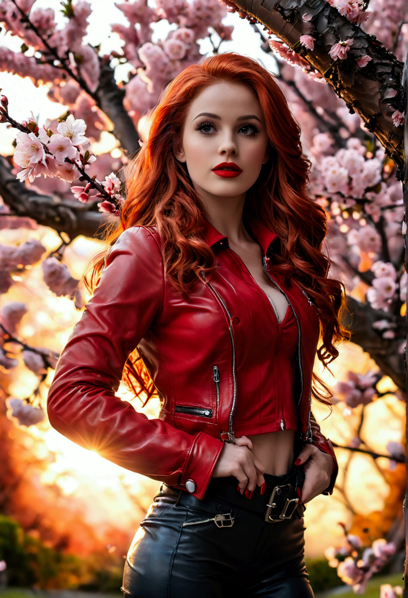 ultra realistic, photography, long red hair, girl, 24 years old, hourglass figure, perfect body, small breasts, Flirty look, Cheryl blossom (Riverdale) costume, red Leather jacket, black leather pants, big red lips, (full body shot:1.1) photorealistic image of a (standing pose:1.1) woman, full body, wide angle, wide angle shot, she wears red high heels, standing under a cherry blossom tree, sundawn