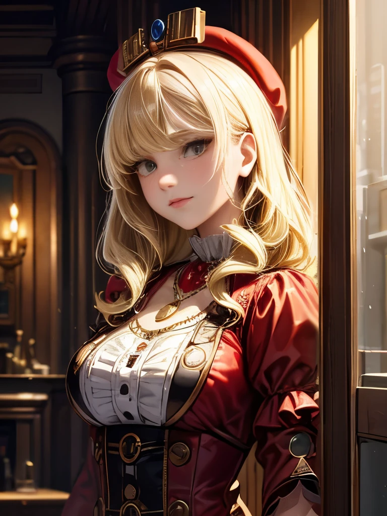 Closed, Blonde short curly girl with straight hair, Physically Based Octane Rendering, Little Red Hat, Necklace Watches, (Victorian era), ((steampunk)), photograph, worked, elegant, Scrupulous, grow, Maximum details, Extremely aesthetic, Exquisitely crafted, Lots of gear, Old town background