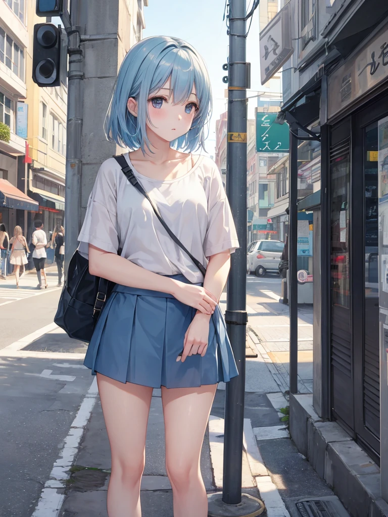 RAW Photos, One Girl, Daytime street corner、blue sky, Light tones, A gentle gaze,, Soft atmosphere, Subtle highlights, casual mini skirt,