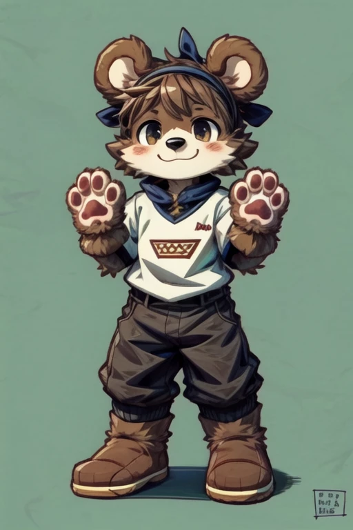 score_9, score_8_up, score_7_up, with Short sleeves , fake animal ears, animal ears, bear ears, paw gloves, bear paws, paw pose, smile, simple background