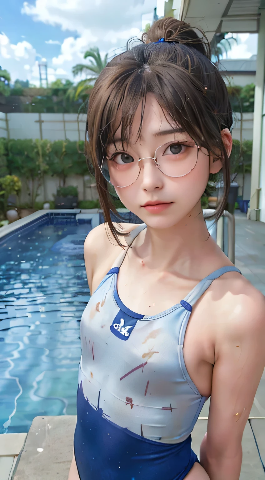 Highest quality, RAW Photos, Realistic, face, Incredibly beautiful girl, cute, length Hair,ponytail，Glasses，Written boundary depth, High resolution, Super detailed, detailed, Very detaileded, extremely detaileded eye and face, Sharp pupils, Realistic students, Sharp focus, Cinema Lighting, Japanese, Short Woman,  Physical build, Short arms, length, Narrow eyes, Fleeting atmosphere, 30 years old, Brown bob hair, ((thin lips)), White top and bottom underwear, masterpiece, Highest quality, Detailed skin, Detailed face, fine grain, 8k, Excellent anatomy, Upper body portrait，flat breasts, small breasts, small,( small bust: 1.2), small bust, (slim, small, flat, small), thin, Delicate and sexy collarbone, One Girl, (beautiful girl, Delicate girl:1.3), (************:1.3),
BREAK, (One Piece Swimwear, Swimwear:1.2),
BREAK, (Pool:1.3),
BREAK, Very beautiful eyes, (Symmetrical eyes:1.3),
BREAK, Small Chest, Brown eyes, Parted bangs, Brown Hair, (Upper teeth, The best smile:0.2),
BREAK, (Eyes and face detail:1.0),
BREAK, (masterpiece, Highest quality, Super detailed, Detailed face, 8k)