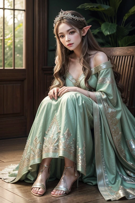 With your 1,61 meters high, She has a graceful and charming presence. Her long brown hair falls in soft waves, framing your face with natural delicacy. Dressed in elven attire, she looks like something out of a fairy tale.
A flowing dress in soft green, adorned with gold and silver embroidery reminiscent of leaves and flowers, Wraps your body with elegance. The delicate silver tiara rests on her head, intertwined with small precious stones that discreetly shine, complementing her deep green eyes that shine like emeralds, reflecting a mix of mystery and sweetness. Her feet are shod in light sandals, also adorned with intricate details, that make your steps appear to float above the ground.
Every detail of its appearance, from the delicate ornaments to the ethereal fabric of her robes, exudes a subtle and ethereal beauty, capturing the magical essence of an enchanting elf.