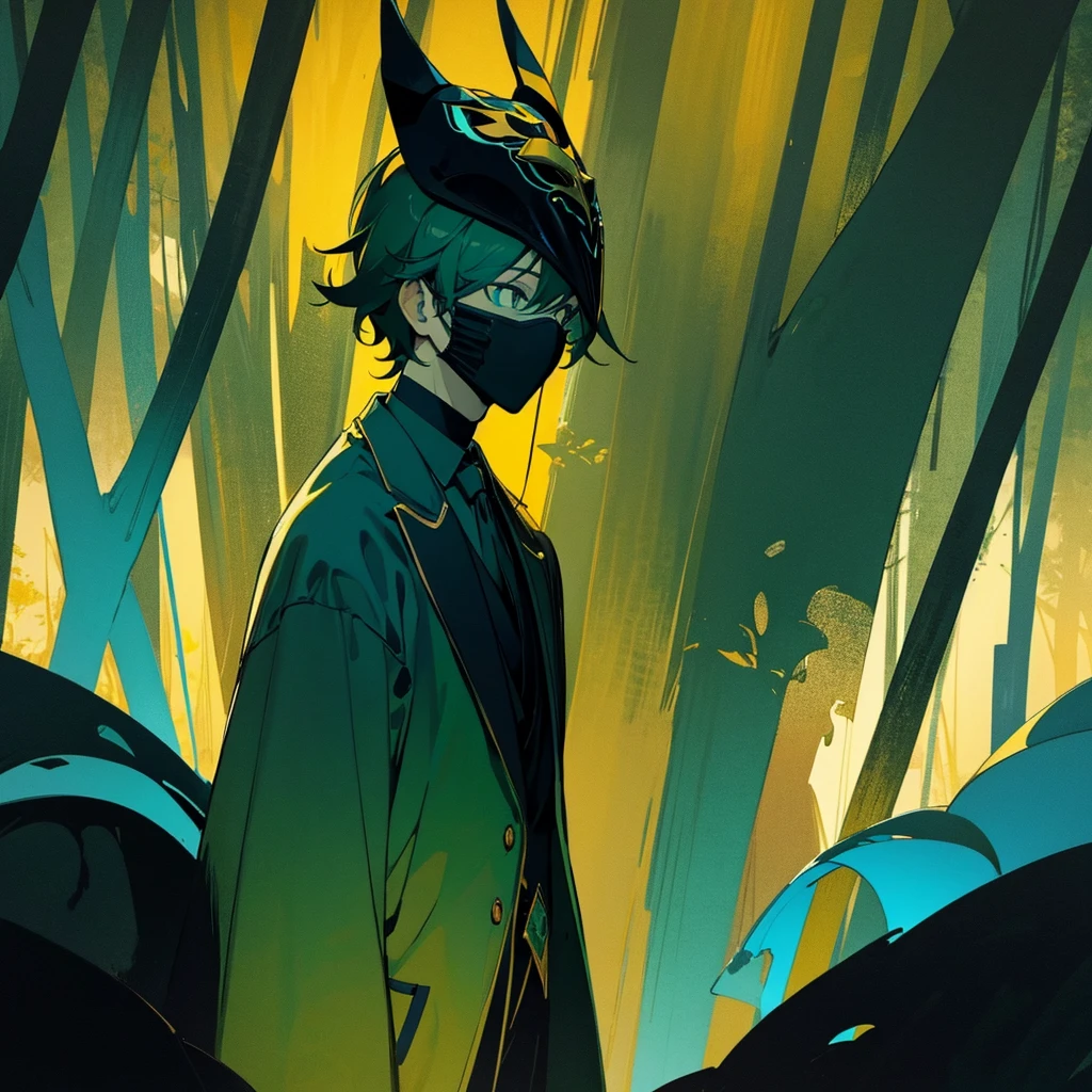 A black boy silhouette with a golden chick mask inside a dark forest with blue green and black tones