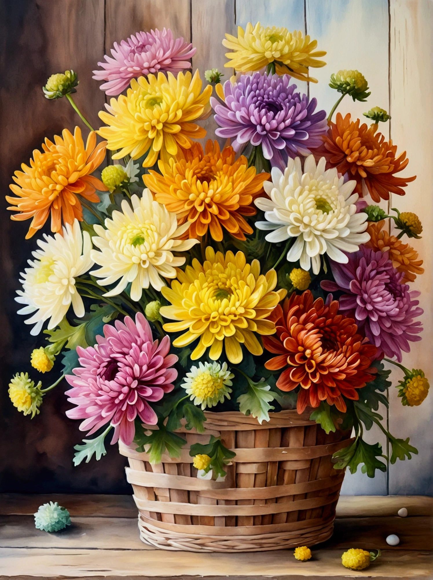 beautiful oil painting of vintage bouquet of Chrysanthemum flowers with variety of colours, inside a wooden basket in an spring holiday atmosphere, watercolor art, masterpiece, soft bright colors, soft light, easter holiday decor, 8K, detailed, highest quality artwork