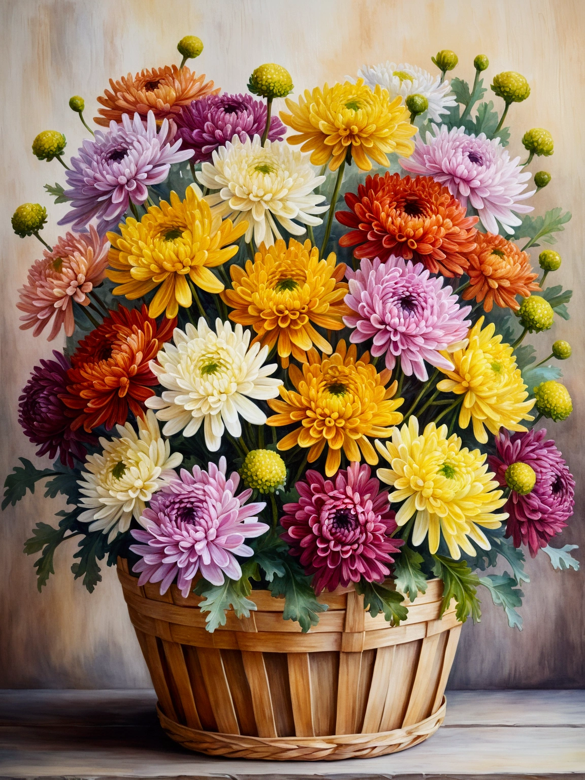 beautiful oil painting of vintage bouquet of Chrysanthemum flowers with variety of colours, inside a wooden basket in an spring holiday atmosphere, watercolor art, masterpiece, soft bright colors, soft light, easter holiday decor, 8K, detailed, highest quality artwork

