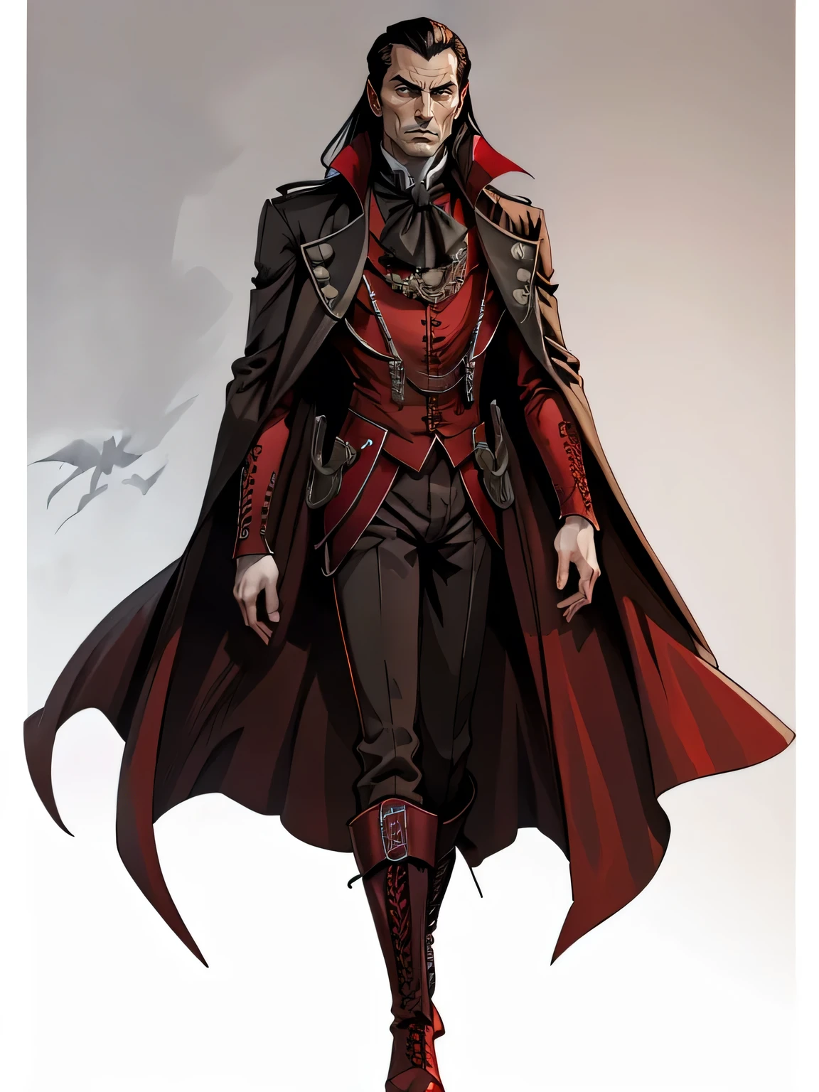 Strahd von Zarovich, vampire, long hair, male focus, full body portrait, widow's peak, forehead, steampunk coat, red high-collared shirt, high collar, red undercoat, pants, solo, blank background, white background, gothic fantasy art, high laced boots, open red eyes