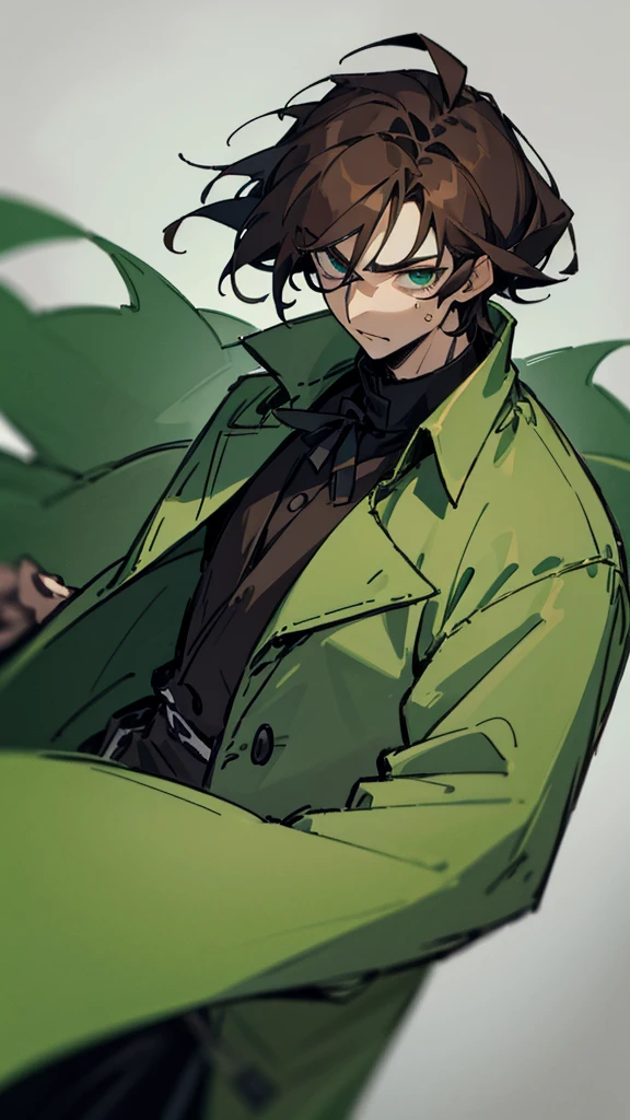 Medieval Fantasy Character Drawing Large droopy eyes Male Dark brown hair Dark circles under eyes Green coat with upturned collar Front view