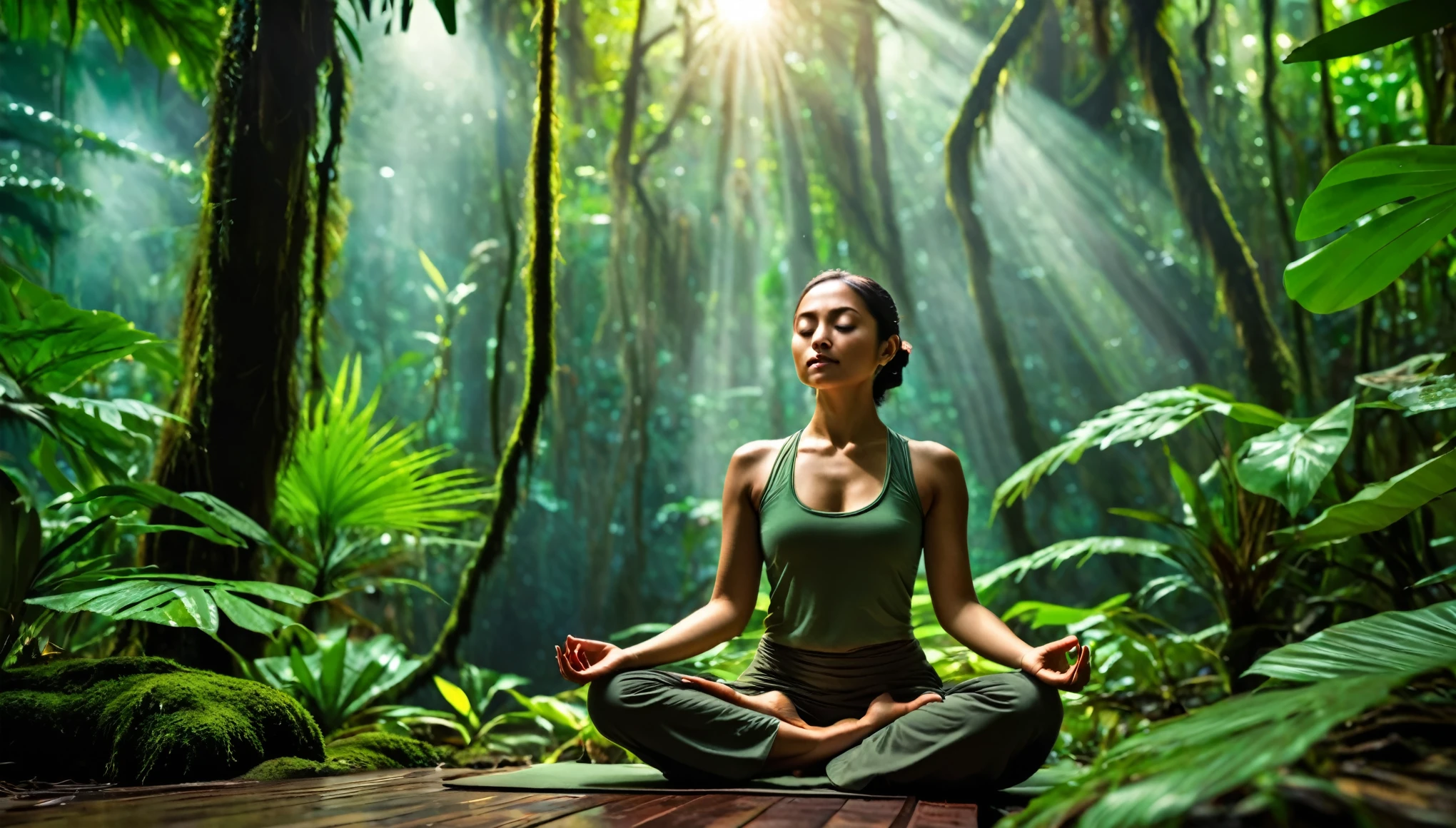 Namaste. Person meditating in the rainforest. The photograph won major awards and was taken with one of the best cameras., Features cinematic lighting, well-defined details, the best quality, 16K, photorrealistic , 