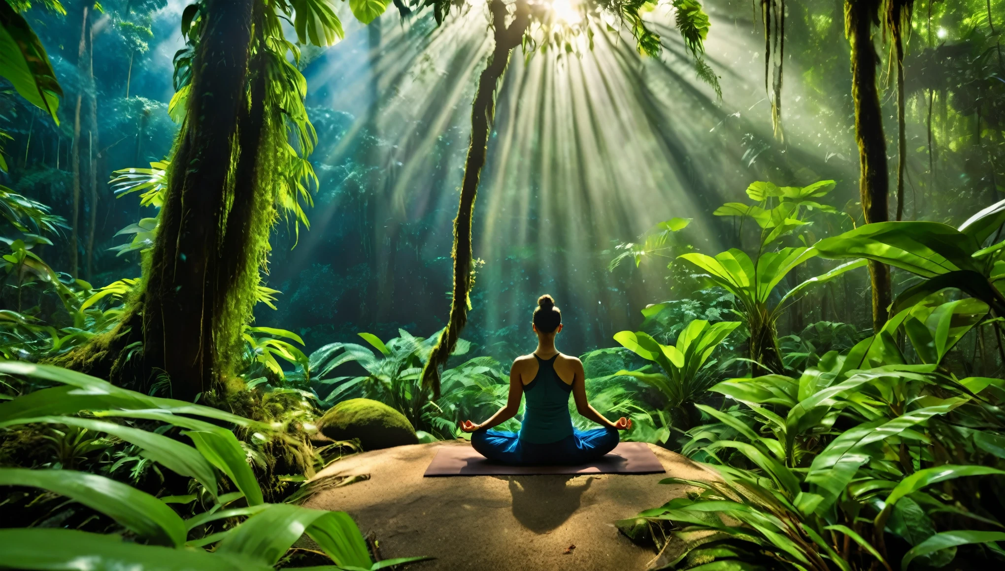 Namaste. Person meditating in the rainforest. The photograph won major awards and was taken with one of the best cameras., Features cinematic lighting, well-defined details, the best quality, 16K, photorrealistic ,
