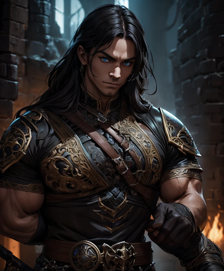 (((Solo focus. Single character image.))) Upper body image.  This is a fantasy character portrait. (((Dark and eerie dungeon background.))) Looks like a single character portrait of an exciting, male adventurer for a high fantasy setting.  (((Intimidating stare.))) Looks like an exciting fantasy character. (((Looks like a bodybuilder as a fantasy character.))) Exciting and dramatic, with an excellent fashion sense. He wears fantasy attire, such as a swashbuckler outfit. Muscular, hyper detailed, gothic art, trending on artstation, Dungeons & Dragons character portrait, intricate details, ultra detailed, ultra detailed clothes, ultra epic masterpiece, ultra detailed, intricate details, award winning, fantasy art concept masterpiece, trending on Artstation, digital art, unreal engine, 8k, ultra HD, centered image