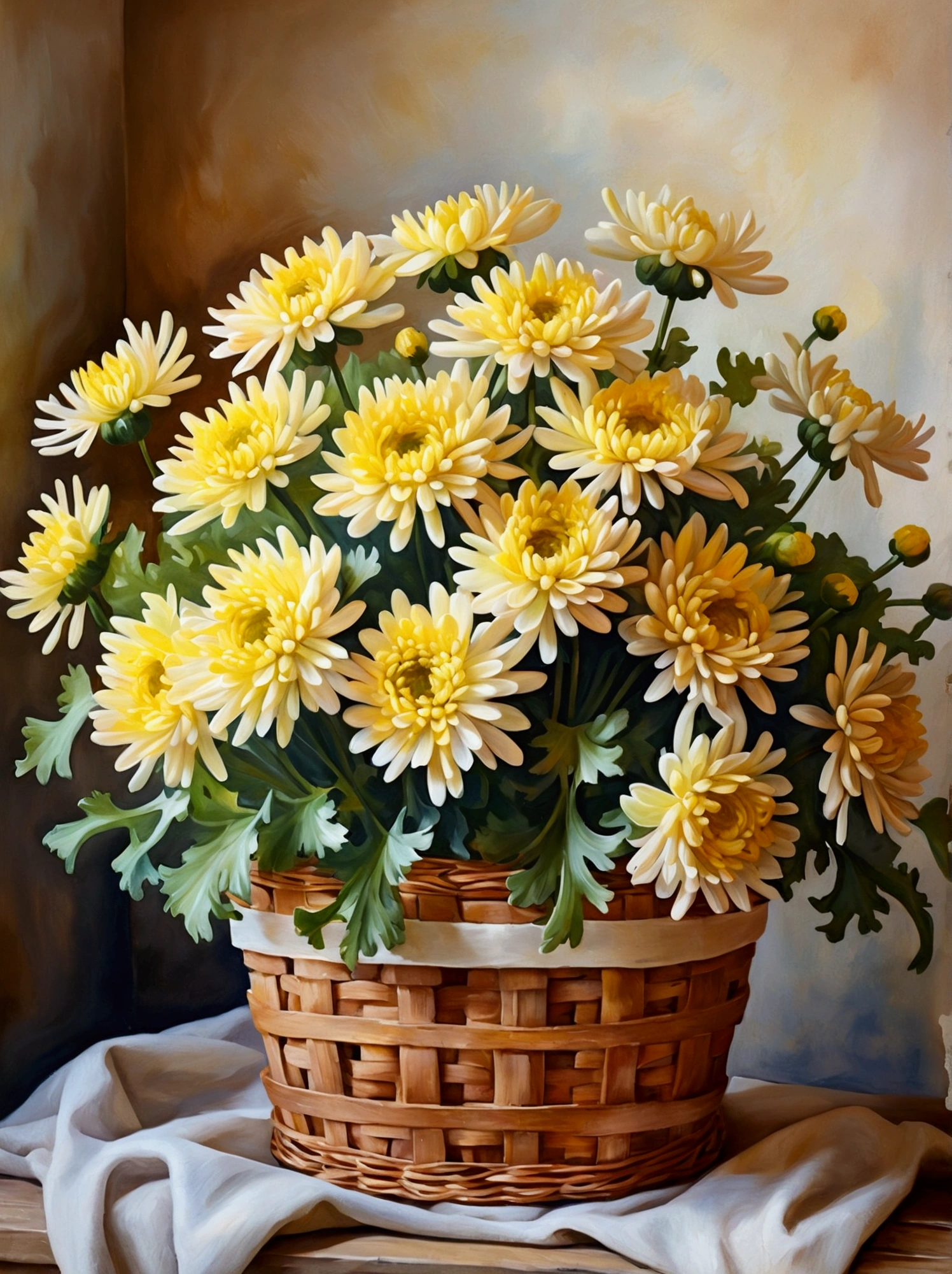 beautiful oil painting of vintage bouquet of Chrysanthemum, inside a wooden basket in an spring holiday atmosphere, watercolor art, masterpiece, soft bright colors, soft light, easter holiday decor, 8K, detailed, highest quality artwork