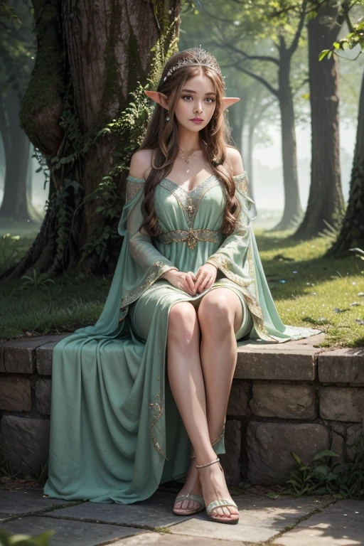 With your 1,61 meters high, She exudes a discreet and charming presence. Her long brown hair falls in soft waves, framing your face with natural delicacy. The green eyes, deep and serene, shine like emeralds, reflecting a mix of mystery and sweetness. 

Dressed in elven attire, she looks like something out of a fairy tale. Your fluid dress, soft green, It is adorned with subtle embroidery of leaves and flowers in gold and silver tones, wrapping your body with elegance. A silver tiara rests gently on her head, intertwined with small precious stones that discreetly shine, complementing your eyes. On the feet, Light sandals with delicate details, making your steps appear to float above the floor.

Every detail of its appearance, from the reserved ornaments to the ethereal fabric of their robes, exudes a subtle and ethereal beauty, capturing the magical essence of an enchanting elf.