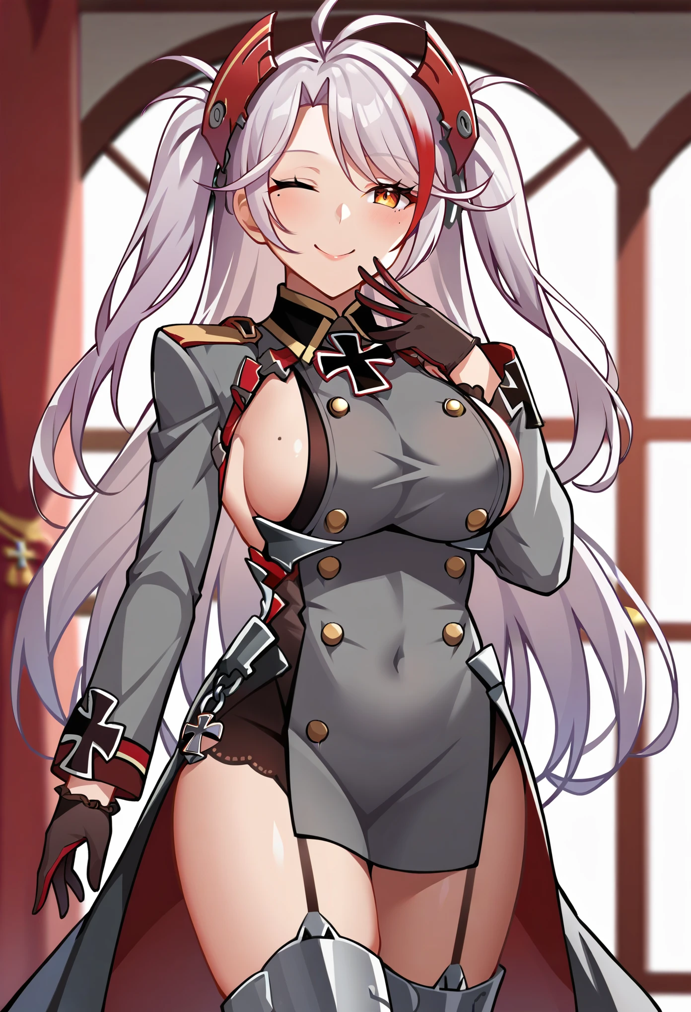 score_9, score_8_up, score_7_up score_6_up, source_anime, anime screencap, 1girl, prinz eugen \(azur lane\), default, long hair, two side up, antenna hair, headgear, iron cross, sideboob, mole on breast, military uniform, grey dress, buttons, long sleeves, black gloves, garter straps, Knee-high boots, Boots some armored plates , greba, normal. House Room Background , ((standing)), Wink, smile Seductive, Seductive look , arm Holding her breasts