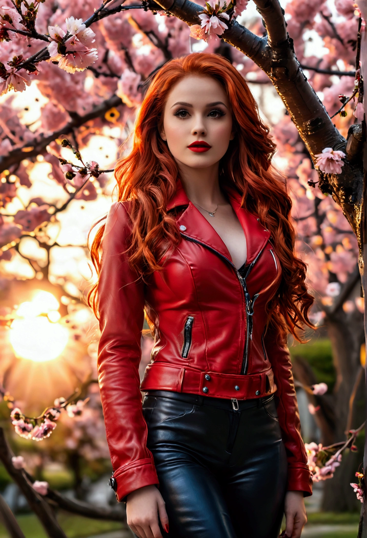 ultra realistic, photography, long red hair, girl, 24 years old, hourglass figure, perfect body, small breasts, Flirty look, Cheryl blossom (Riverdale) costume, red Leather jacket, black leather pants, big red lips, (full body shot:1.1) photorealistic image of a (standing pose:1.1) woman, full body, wide angle, wide angle shot, she wears red high heels, standing under a cherry blossom tree, sundawn