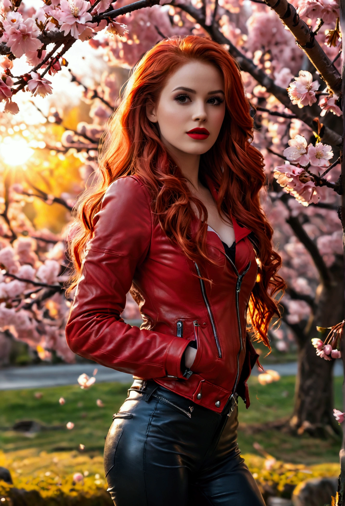 ultra realistic, photography, long red hair, girl, 24 years old, hourglass figure, perfect body, small breasts, Flirty look, Cheryl blossom (Riverdale) costume, red Leather jacket, black leather pants, big red lips, (full body shot:1.1) photorealistic image of a (standing pose:1.1) woman, full body, wide angle, wide angle shot, she wears red high heels, standing under a cherry blossom tree, sundawn