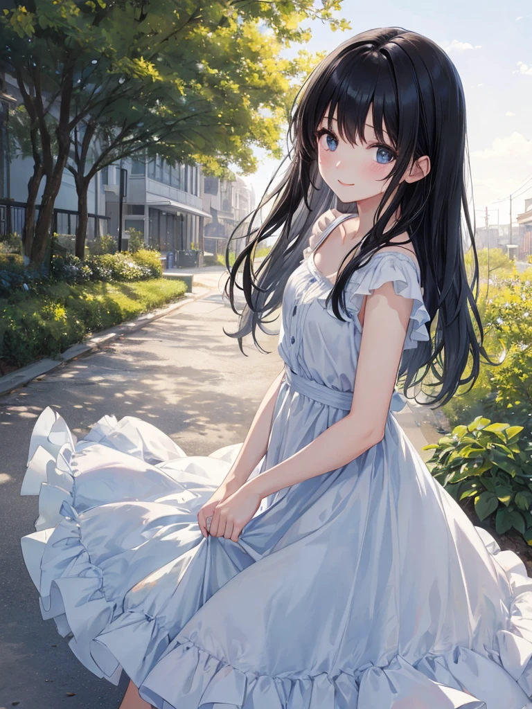 RAW Photos, One Black-Haired Girl, Park in clear weather、blue sky, Light tones, Gentle expression、Smile, Soft atmosphere, Subtle highlights, Casual dress,