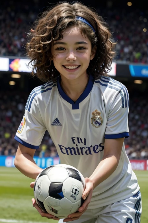 soccer player,Real Madrid uniform,curly hair and smiling