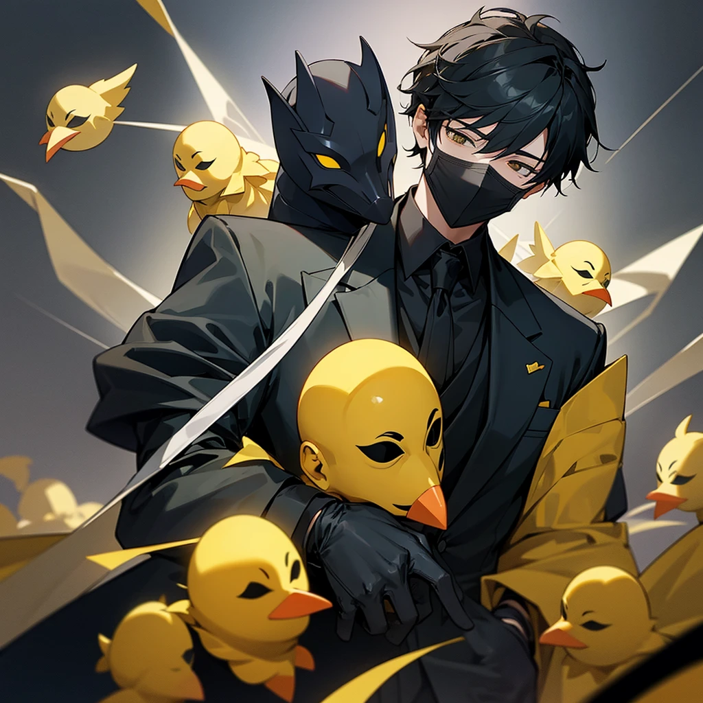 Boy with black suit and a yellow chick mask styled as hollownigth masks
