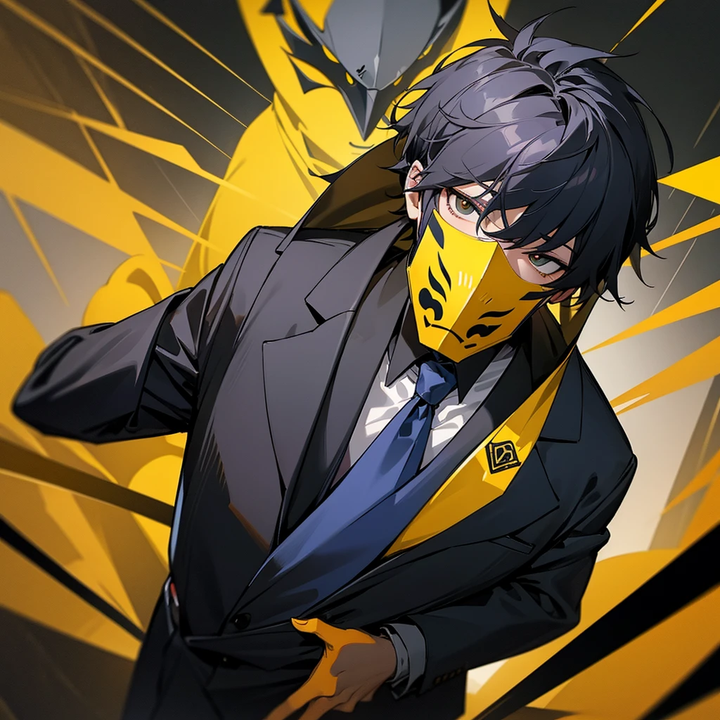 Boy with black suit and a yellow chick mask styled as hollownigth masks
