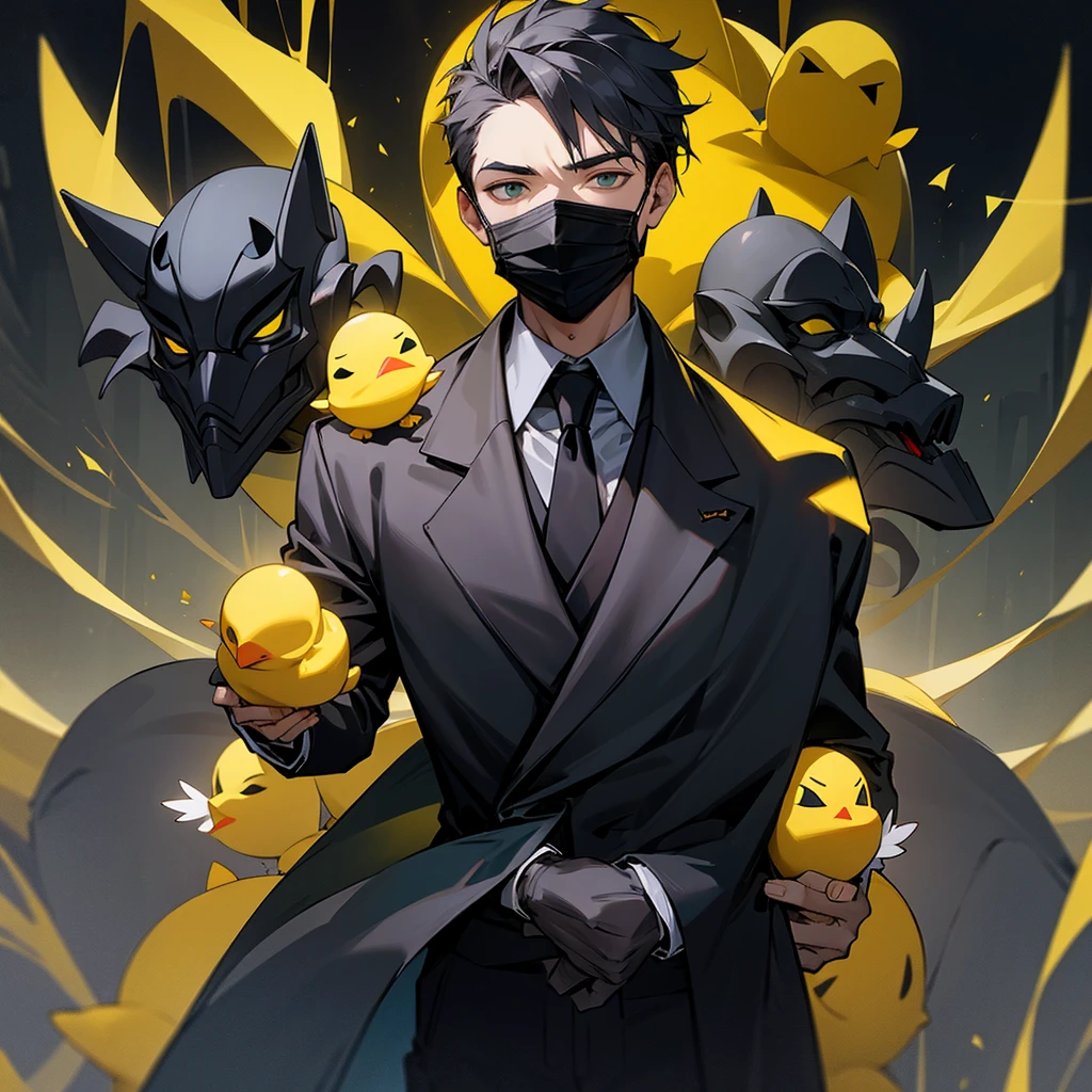 Boy with black suit and a yellow chick mask styled as hollownigth masks