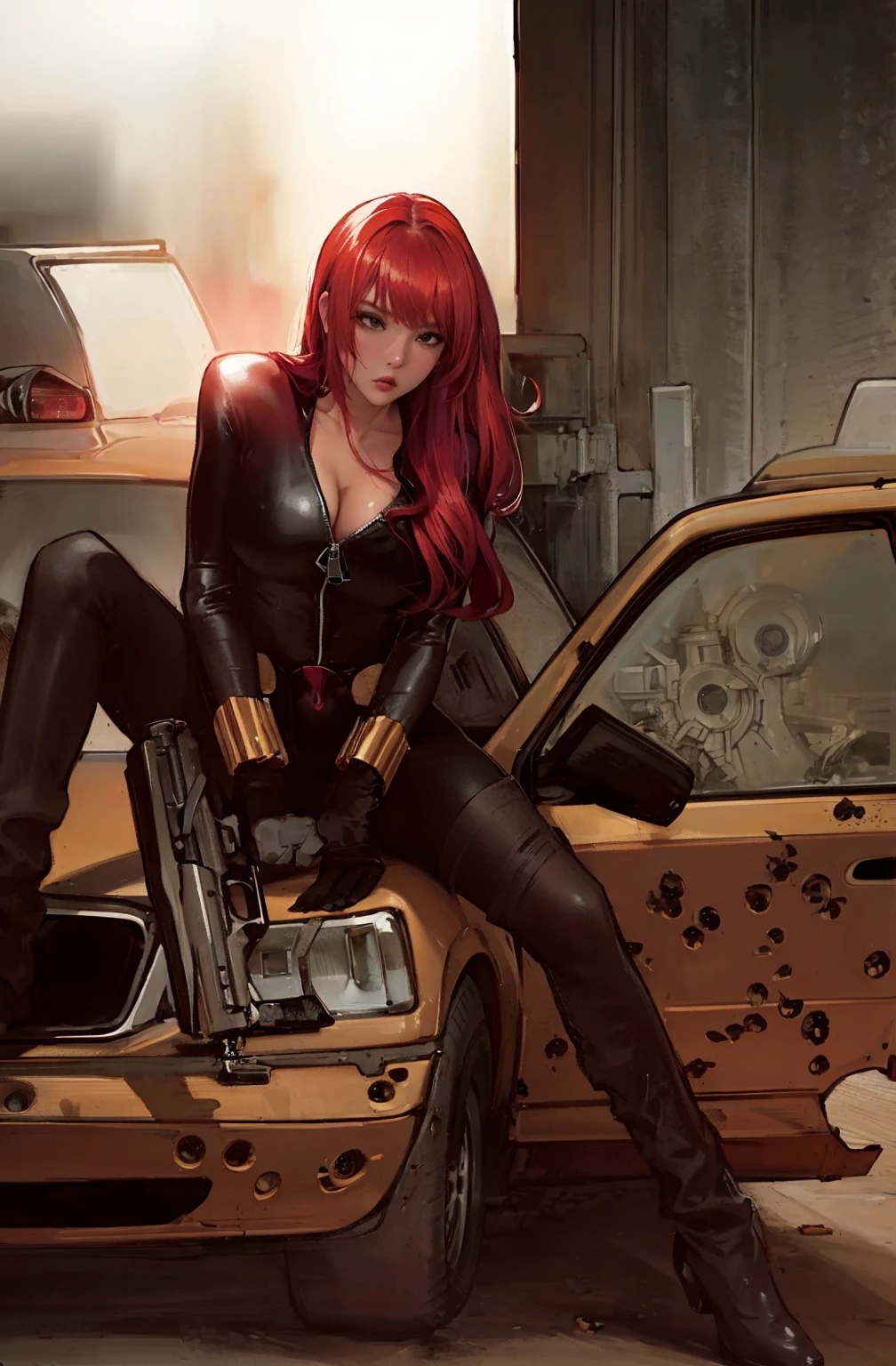 The image is an illustration of a red-haired woman dressed in a sleek skin-tight shiny black latex bodysuit with a deep-cut zipper neckline revealing a large chest, the silver zipper running down the front, sitting on the hood of a damaged yellow car, with bullet holes visible on it. The woman appears powerful and ready for action, holding a gun in both hands. The atmosphere of the scene is intense and dramatic, made even more so by the urban setting.