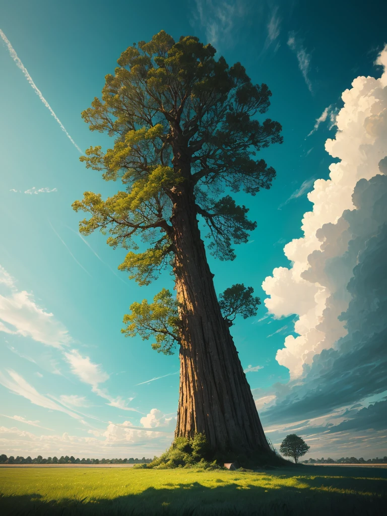 there is a lone tree in the middle of a field, a picture inspired by Alexander Nasmyth, unsplash, surrealism, strange trees and clouds, view from below, very low angle photograph, viewed from below, looking up to the sky, towering high up over your view, with a tall tree, looking from slightly below, trees in foreground, maritime pine