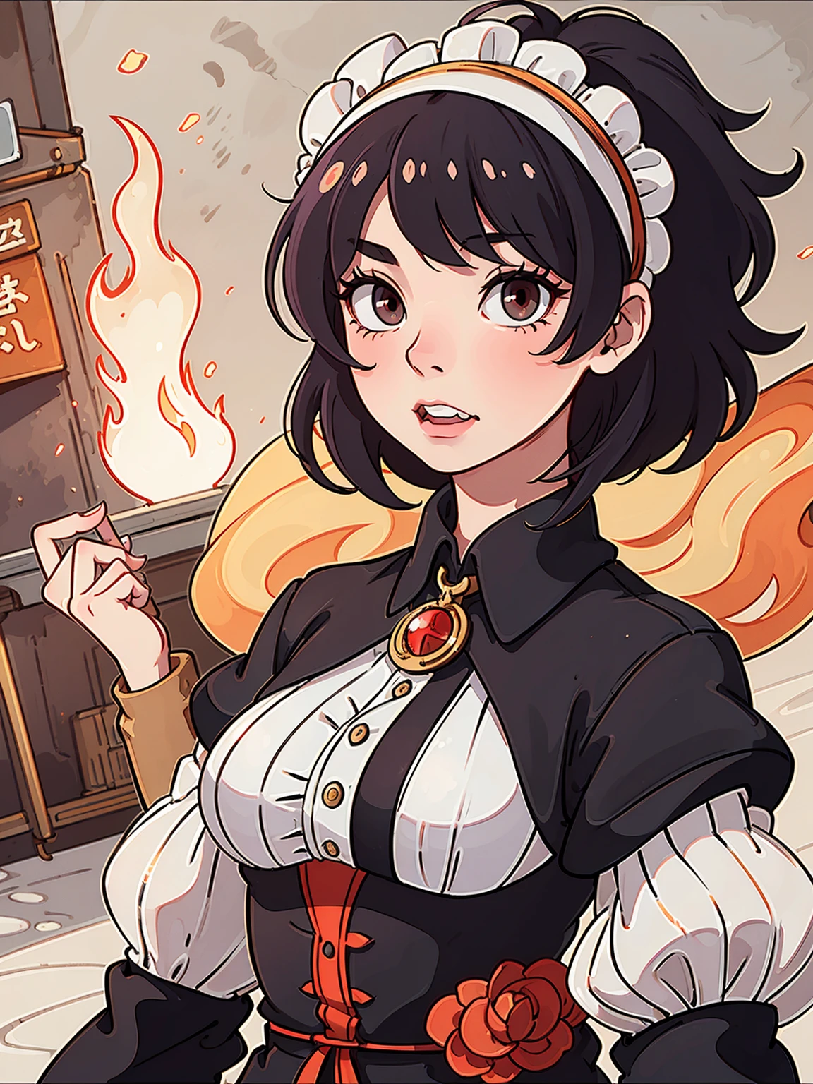 ((Masterpiece, Best Quality)), illustration, ultra-detailed 8K, realistic, clear focus, highly detailed, professional lighting, colorful details, anime style, Rosie, full black eyes, white skin, tall woman, short curly white hair, sharp teeth, red Victorian dress, big red Victorian hat, in a vintage city.