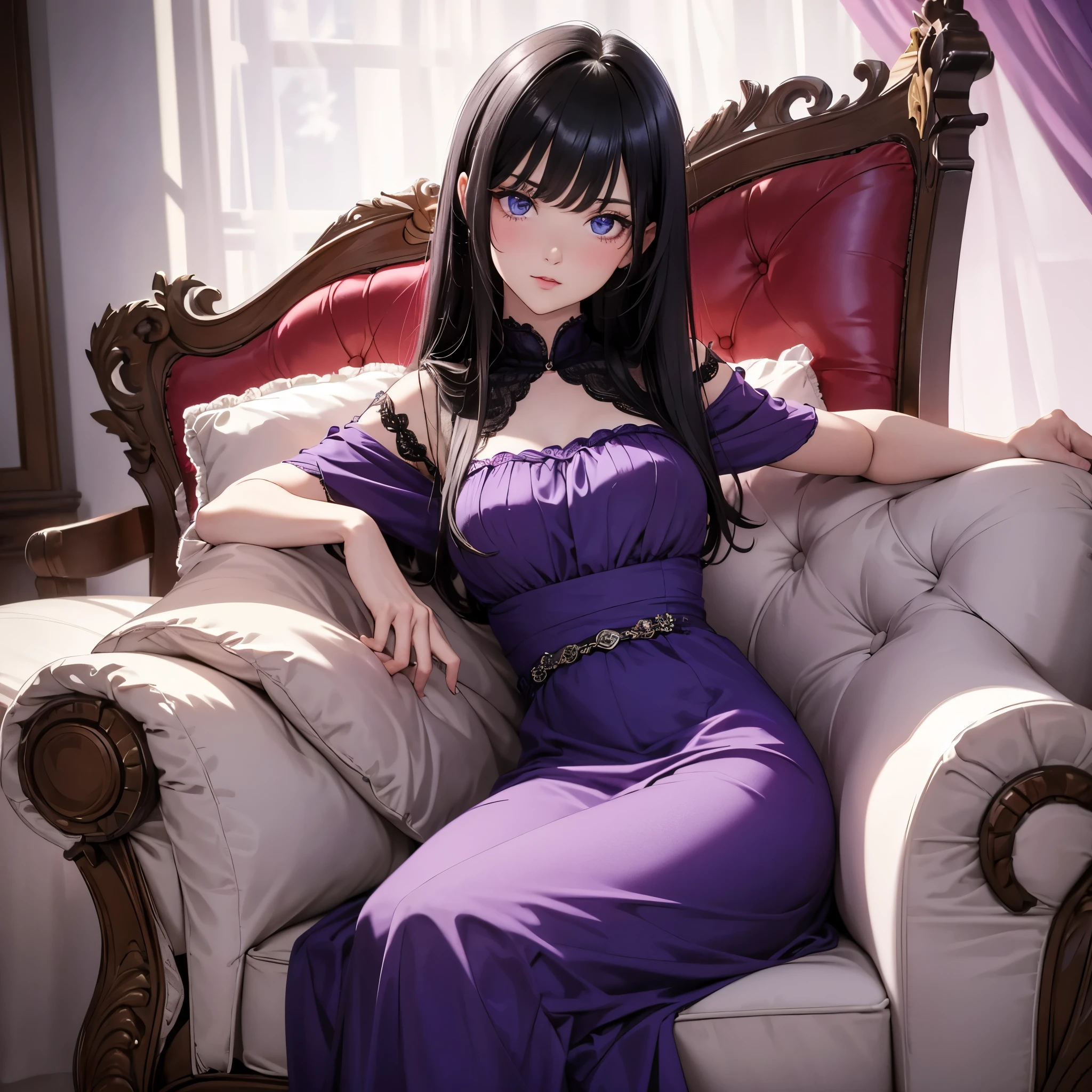 absurderes, ultra-detailliert,bright colour,(in 8K:1.3),masuter piece,extremely beautiful detailed face and eye, 25 years old,(Smooth straight black hair), (Shiny long hair),(Pattsun bangs), (Deep blue eyes) Delicate beautiful face, red blush, (wearing vintage lolli light purple dress), Nice Spot, sitting on the single small couch watching TELEVISION, plain light purple background.(one person)