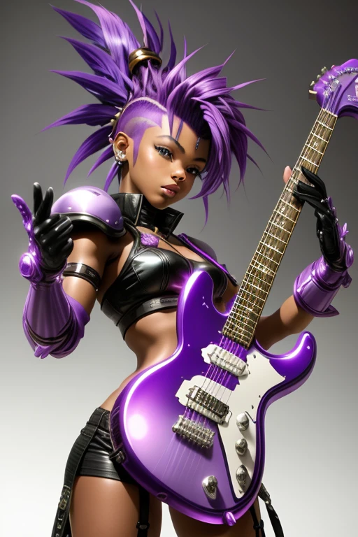  Saint Seiya，1 African American girl，purple Mohawk，Gradient，Gradient background，solo，1 girl，bow，Gloves，purple Mohawk，Fantastic girl，solo , electric guitar in hand, Rockstar.