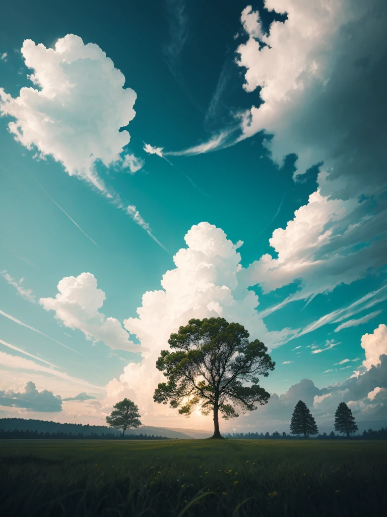 there is a lone tree in the middle of a field, a picture inspired by Alexander Nasmyth, unsplash, surrealism, strange trees and clouds, view from below, very low angle photograph, viewed from below, looking up to the sky, towering high up over your view, with a tall tree, looking from slightly below, trees in foreground, maritime pine