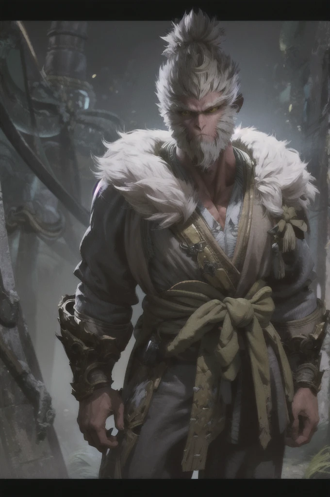 work of art, best qualityer, 1 boy, wukong, League of Legends, Black Myth wukong, shining skin, cinematic lighting, looking ahead at viewer, Messy hair, monkey ears, confident pose, fully body, scar not nose, gray fog, White background, military clothes, standing alone, serious, windy, yellow eyes, long white hair, white fur, albino, ultra detali, 8k, RTX, ambient occlusion, rim lighting, busy,