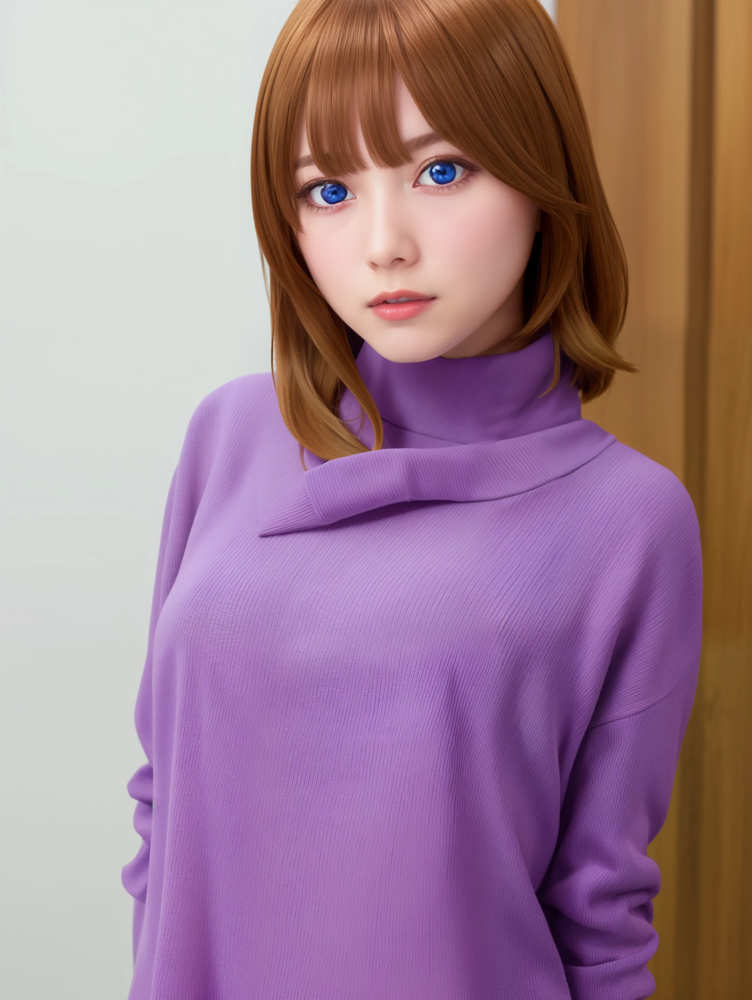 [itsuki nakano, bangs, blue eyes, hair between eyes, ahoge, red hair, star \(symbol\), hair ornament, star hair ornament,], 1girl,
BREAK ((ribbed sweater,turtleneck,purple_apron, purple bowtie,pencil skirt))), 
BREAK looking at viewer,(sexy pose:1.2), (hands behind head:1.3), (close up:1.2), (leaning forward:1.2),
BREAK (art: 1.2), best quality, high resolution, 8k unitary, (illustration: 0.8), (beautiful detailed eyes: 1.6), extremely detailed face, perfect lighting, extremely detailed in CG, (perfect hands, perfect anatomy),