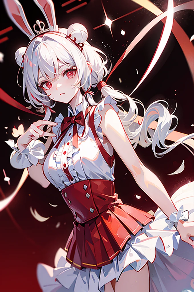 Rabbit ears,White twin ponytails,Bai Changzhi,crown,castle,Pleated dress,Red Eye,Big red gem on chest,There is a red bow on the neck,The upper body is decorated with many pearls,sleeveless,Royal sister,Red background,White Dove