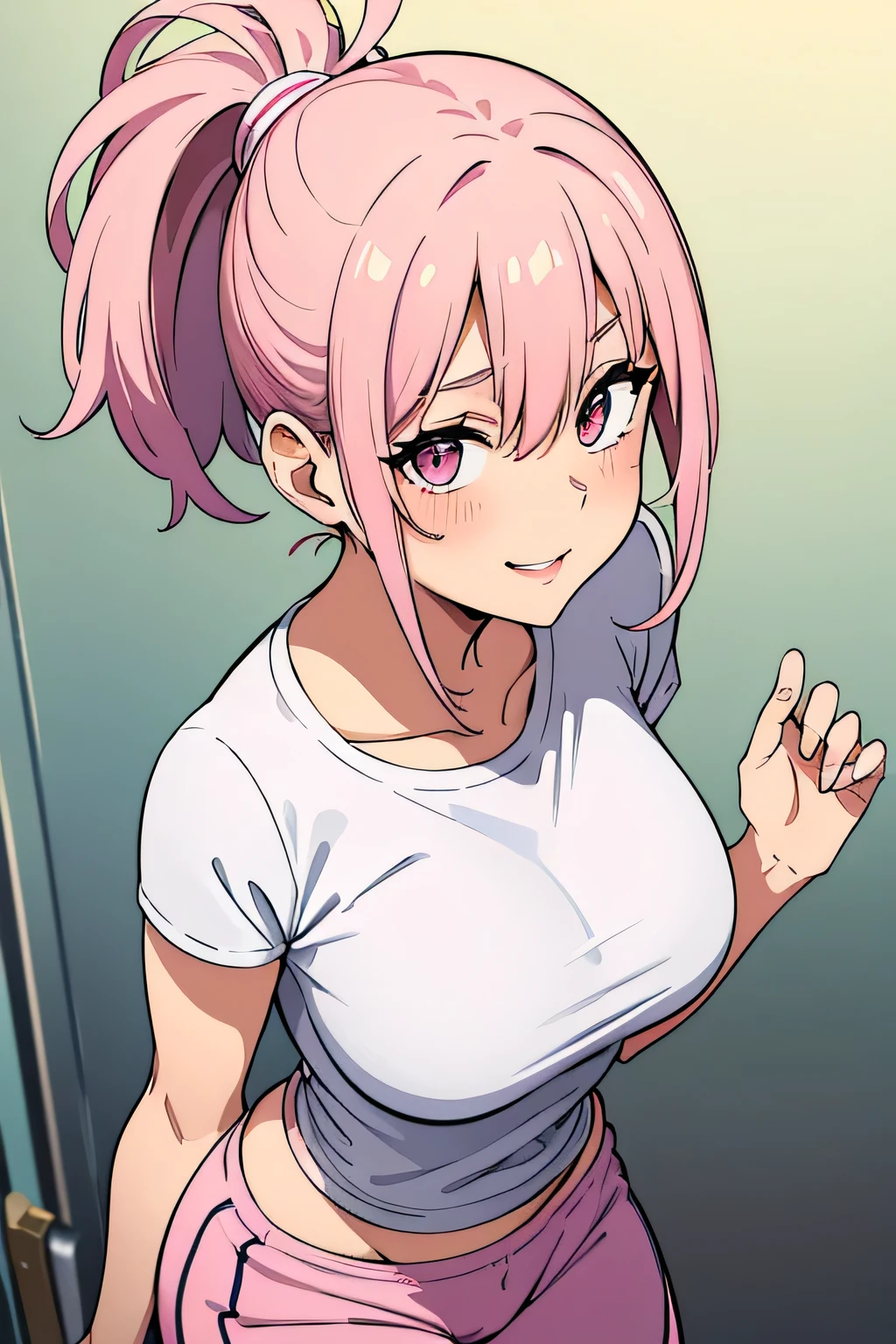 Amazing portrait of a sexy and cute woman with her hair tied in a low ponytail as she seductively gazes and smiles at us with her perfect pink lips blushing hard as she poses seductively showcasing her sexy thin body with medium chest and curvy hips and in a grey t shirt and white trackpants