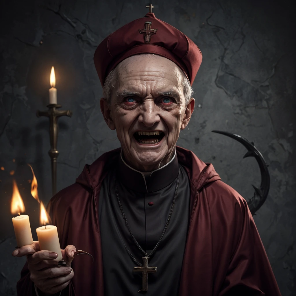 An old demonic catholic cardinal dressed in red, evil laugh, long claws, piercing eyes