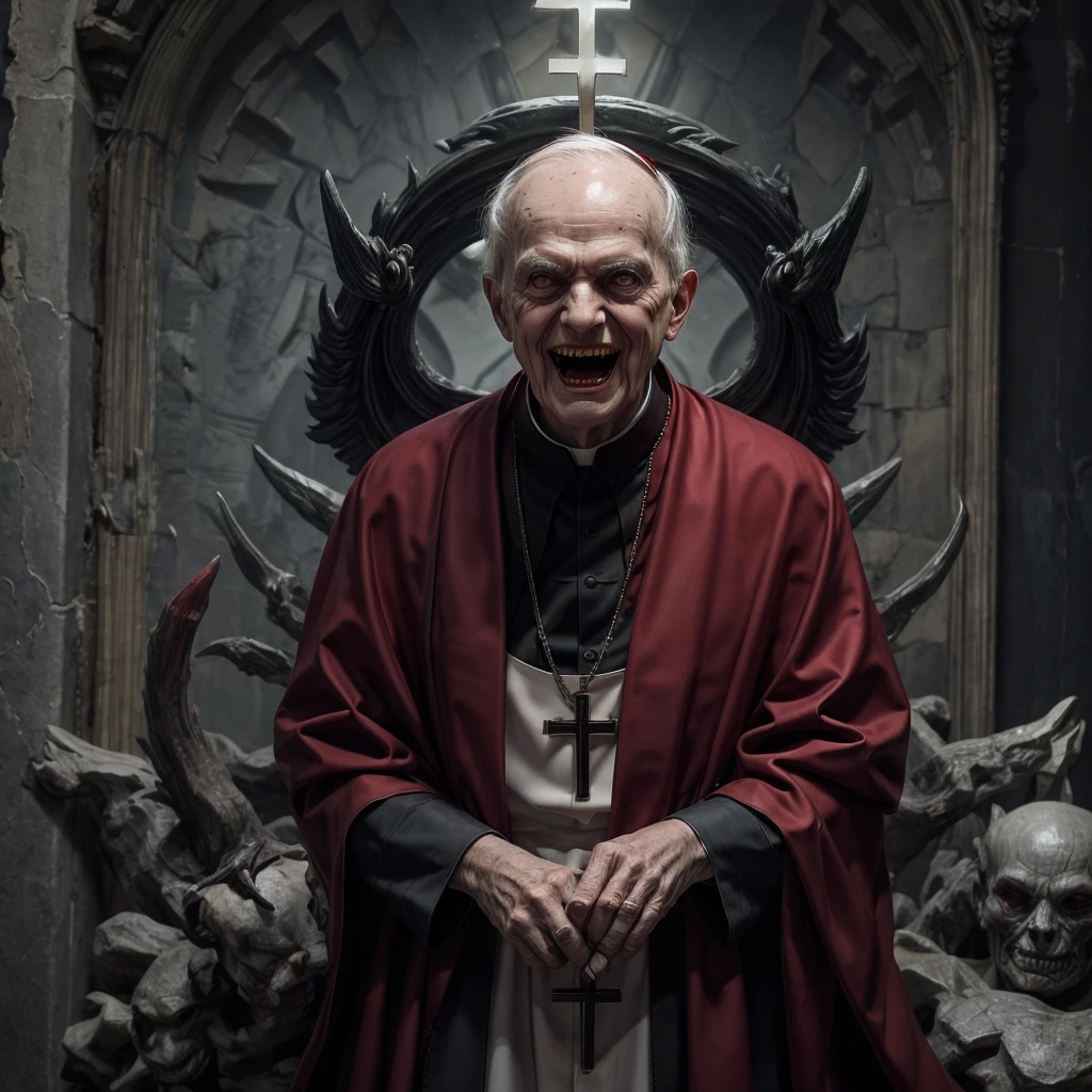 An old demonic catholic cardinal dressed in red, evil laugh, long claws, piercing eyes