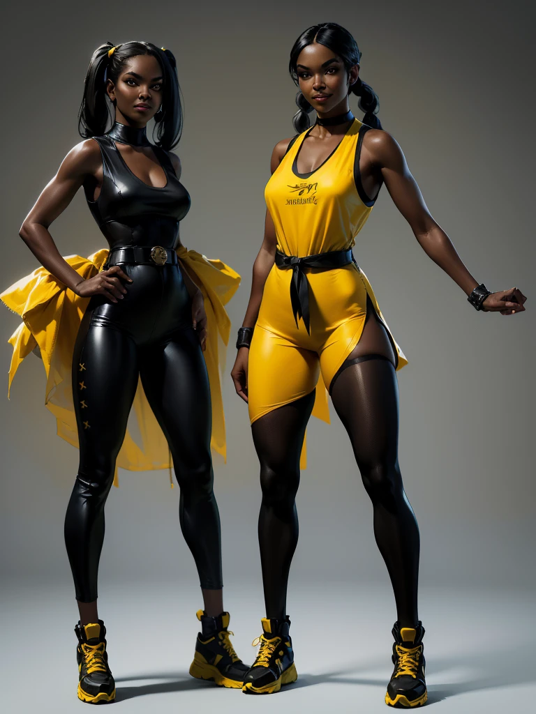 ((best quality)), ((4k)), ((highres)), ((masterpiece:1.2)). ((detailed)), ((ultra realistic)), ((intricate details)), ((full body picture)), ((character design sheet)), ((blank background)), ((standing in a blank background)), full body shot of a beautiful black female, ebony beauty, woman, 20 years old girl, dark brown skin, about 5'5 ft. tall, smile on her face, ((smiling)), long black hair, ((long hair)), long hair, high pigtails, (((high pigtails)), dressed in a yellow sleeveless doll dress, ((EMPHASIS ON HER YELLOW SLEEVELESS BABYDOLL DRESS)), black leather belt on her waist, black SHINY leggings PANTS and sneakers, fighting game character design, tekken character design, the king of fighters character concept art, character concept art, full body, 18 years old female fighter, girly girl, cute girl, girly fighter character concept art
