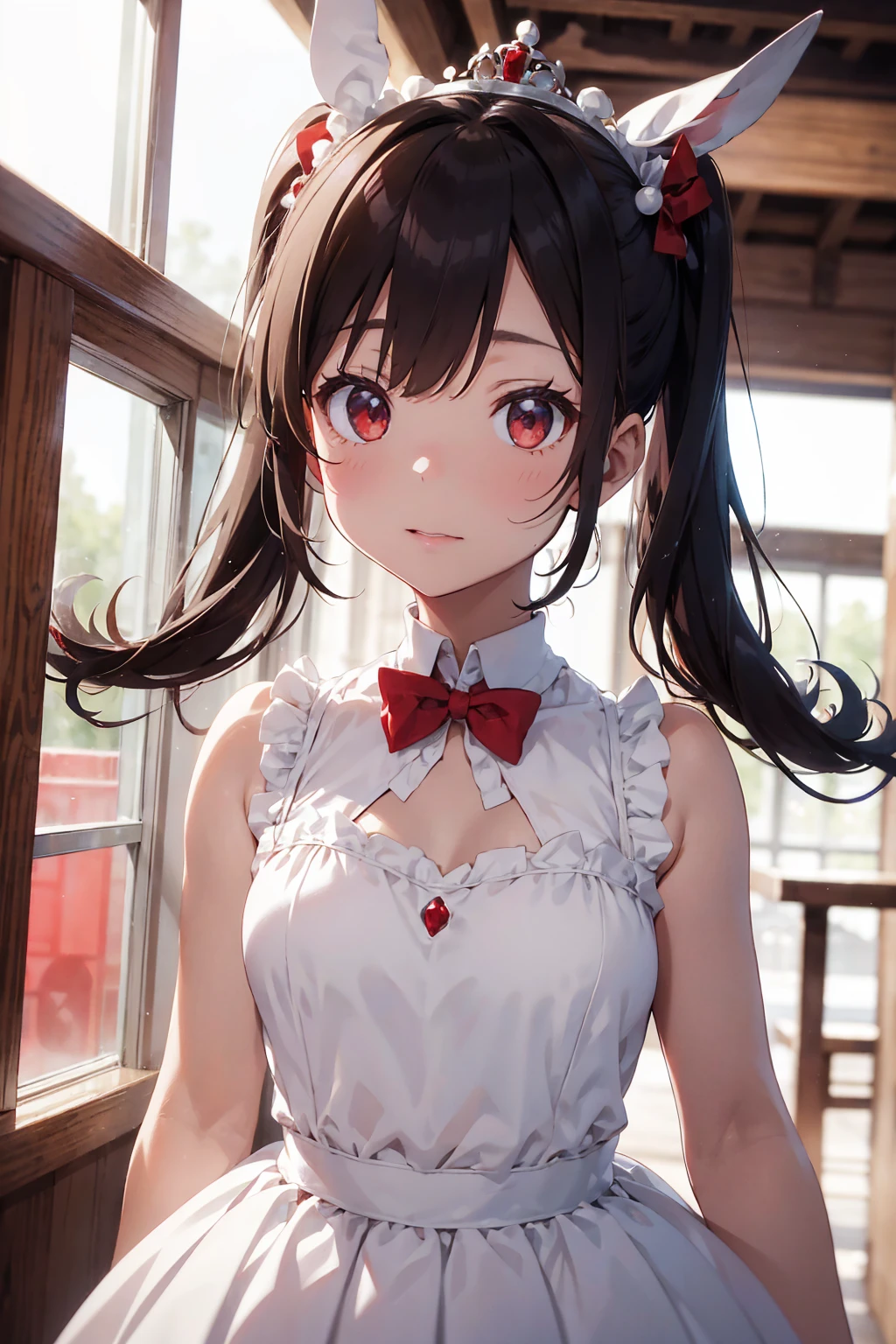 Rabbit ears，White twin ponytails，Bai Changzhi，crown，castle，Pleated dress，Red Eye，Big red gem on chest，There is a red bow on the neck，The upper body is decorated with many pearls，sleeveless，Royal sister，Red background，White Dove