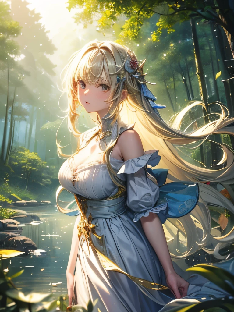 (masterpiece), (Highest quality), (Super detailed),(Disheveled Hair),(8k wallpaper), (One girl), Beautiful fine details,Delicate and beautiful face,floating,(High saturation),(Colorful splashes),Colorful Bubbles,(The Shining),Focus on the face, Walking through a forest lush with colorful mushrooms