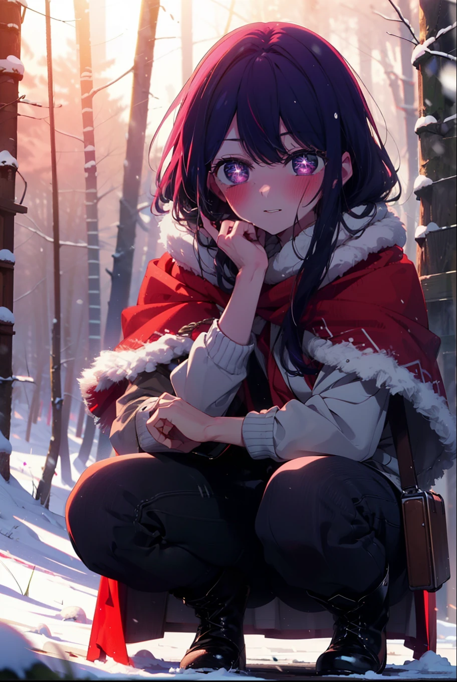 aihoshino, Ai Hoshino, Long Hair, bangs, (Purple eyes:1.1), Purple Hair, (Symbol-shaped pupil:1.5), smile,,smile,blush,white breath,
Open your mouth,snow,Ground bonfire, Outdoor, boots, snowing, From the side, wood, suitcase, Cape, Blurred, , forest, White handbag, nature,  Squat, Mouth closed, Cape, winter, Written boundary depth, Black shoes, red Cape break looking at viewer, Upper Body, whole body, break Outdoor, forest, nature, break (masterpiece:1.2), Highest quality, High resolution, unity 8k wallpaper, (shape:0.8), (Beautiful and beautiful eyes:1.6), Highly detailed face, Perfect lighting, Highly detailed CG, (Perfect hands, Perfect Anatomy),