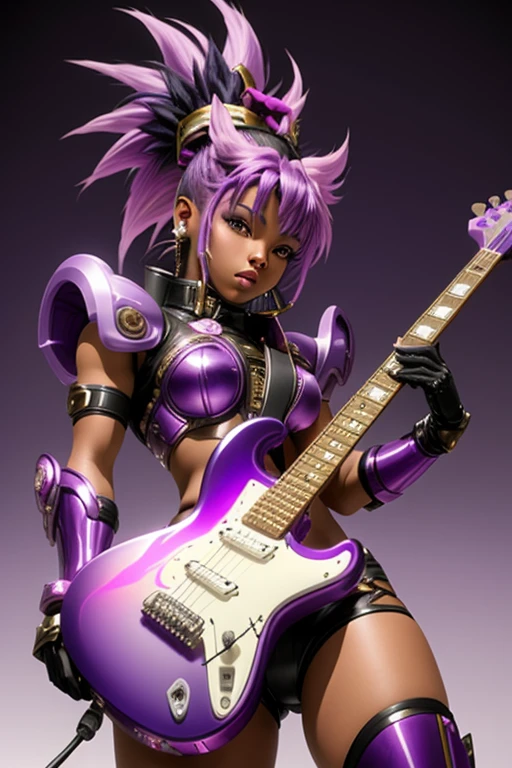  Saint Seiya，1 African American girl，purple Mohawk，Gradient，Gradient background，solo，1 girl，bow，Gloves，purple Mohawk，Fantastic girl，solo , electric guitar in hand, Rockstar.