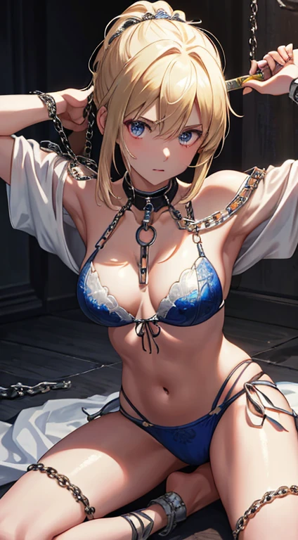 (masterpiece:1.4), (Highest quality:1.4), Realistic, 1 girl, Artoria Pendragon \(destiny\), armor, (Excalibur \(destiny/Please stay overnight\), sword, holding sword:1.1) , (Pull your arms back, Constraintsされた, Leaning forward), (masterpiece, Premium Quality: 1.2), alone, One Girl, Long ponytail, Brown eyes, (Cruel Mistress Costume,) ((A face that is frightened)), Looking at the camera, ((In the dark basement)), Spooky cold atmosphere, ((Wearing torn medieval full-body bikini armor))), sexy white Shiny, Cleavage, 体にSweating profuselyが出る, blush, Thoracic cavity, ((Tied behind the back with a rope, Spread your legs, Spread your legs)), ((Chained)), Chaining hands, (bound), bound, slave collars, ((Chain around neck)), dark fuponasy, Spread your legs, M-shaped Spread your legs, Tied up behind&#39;tie your back with a rope, Silver Chain, Spread your legs, Spread your legs, ((Hung in chains, Being pulled by chains, Open your thighs)), that&#39;Falling out of the costume. Constraints, Slavery, collar, despise, medieval bikini armor, tears, Mature Adult, charm, suggest, Shiny skin, Shiny (Sweaty: 1.3), ((Exhausted)),masterpiece, Highest quality, Ultra-precision, really beautiful, Highest quality, High resolution, sv1, (((((Sweating profusely))))), Ahoge, smile, Heavy breathing, Red face, Open your mouth, Drooling, (), Erect nipples, Anatomically correct hand, Exposed crotch, View from below, Exposed pubic bone, ((Heart symbol, Toes are growing, Tight nipples, Excited, View from below, upon&#39;s Eye View)), (Silicone Skin)