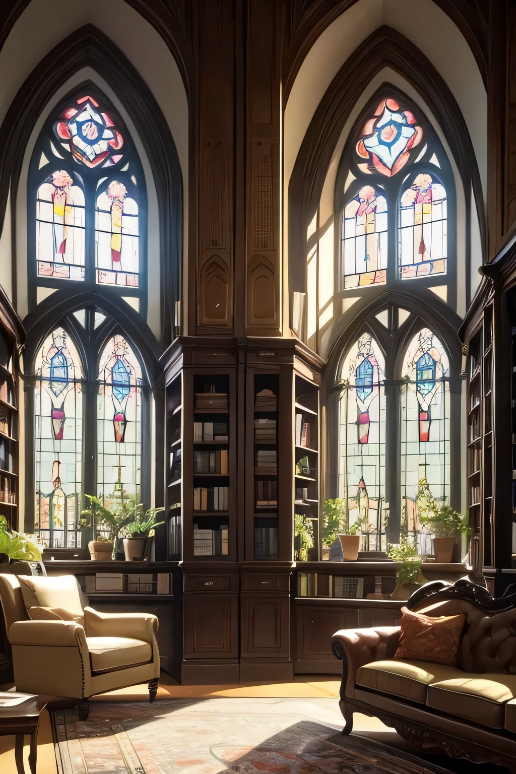 a living room with furniture, A bookshelf, Gothic windows where you can see plants of different species in the background