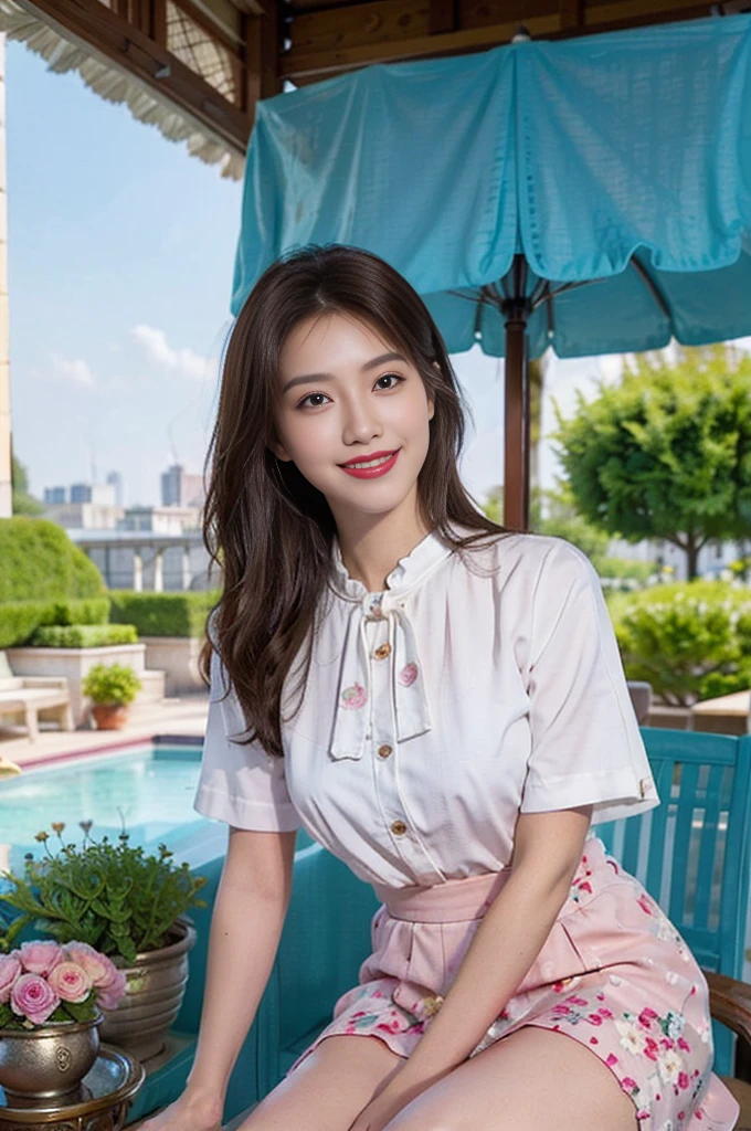 professional photo of 1 girl, full body photo, masterpiece, garden terrace, view to the garden, photoRealistic, intricate-detail、Raw foto、perfect skin, radiant skin, white skin, natural makeup, the most beautiful korean girl, from south korea,Trending in art stations, 18K, Masterpiece、1girl, 20 yrs, 170 height, very light brown medium Hair, , beautiful face, real face, better eyes, face and skin, small nose, sweet girl, jaw dropping beauty, smiling with dimples, white teeth, red lipstick, curly hair, hazel eyes, beautiful eyes, seductive smile, full lips, curvy girl, gorgeous girl purple skirt with floral details, designer skirt, detailed legs, purple and pink clothes colors, vogue style, beautiful colors, beautiful contrast colors, Super detail body, perfect body, perfect legs, confident woman, seductive smile, orange and green Polka Dot Print blouse, and floral skirt, milk and mocha style, glamorous design with beautiful details, intricate details, designer outfit, blouse opens, vivid colors, foreground objects, background details,, feminine and stylish girl, super sharp image, 18K, beautiful pose, full body photo, smiling, vibrant colors, polka dot navyblue and pink blouse and floral skirt, beautiful clothes contrast, detailed hands, detailed fingers. Try adding a chic accent, uhd, masterpiece, various poses, image clarity, crystal clear, sitting on the chair in front of a table with food , garden terrace,under sun umbrella, pergola, view to the garden, image clarity, depth of field, real life enhancer, perfect legs, bottom angle, sideway angle, wide shot, front light, back light, very good light on her face to accentuate her beautiful face, beautiful texture of the skin,image clarity, the most beautiful girl in the world,accurate,flirting with the camera, the biggest smile looking at me,very bright and vivid