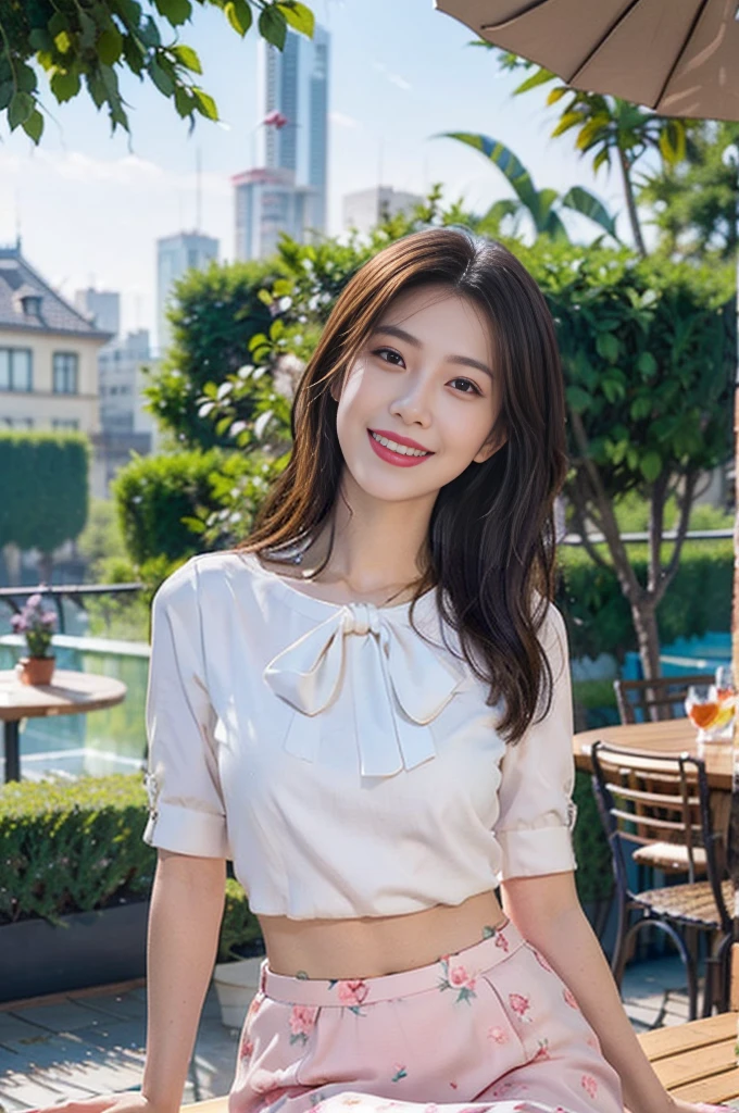 professional photo of 1 girl, full body photo, masterpiece, garden terrace, view to the garden, photoRealistic, intricate-detail、Raw foto、perfect skin, radiant skin, white skin, natural makeup, the most beautiful korean girl, from south korea,Trending in art stations, 18K, Masterpiece、1girl, 20 yrs, 170 height, very light brown medium Hair, , beautiful face, real face, better eyes, face and skin, small nose, sweet girl, jaw dropping beauty, smiling with dimples, white teeth, red lipstick, curly hair, hazel eyes, beautiful eyes, seductive smile, full lips, curvy girl, gorgeous girl purple skirt with floral details, designer skirt, detailed legs, purple and pink clothes colors, vogue style, beautiful colors, beautiful contrast colors, Super detail body, perfect body, perfect legs, confident woman, seductive smile, orange and green Polka Dot Print blouse, and floral skirt, milk and mocha style, glamorous design with beautiful details, intricate details, designer outfit, blouse opens, vivid colors, foreground objects, background details,, feminine and stylish girl, super sharp image, 18K, beautiful pose, full body photo, smiling, vibrant colors, polka dot navyblue and pink blouse and floral skirt, beautiful clothes contrast, detailed hands, detailed fingers. Try adding a chic accent, uhd, masterpiece, various poses, image clarity, crystal clear, sitting on the chair in front of a table with food , garden terrace,under sun umbrella, pergola, view to the garden, image clarity, depth of field, real life enhancer, perfect legs, bottom angle, sideway angle, wide shot, front light, back light, very good light on her face to accentuate her beautiful face, beautiful texture of the skin,image clarity, the most beautiful girl in the world,accurate,flirting with the camera, the biggest smile looking at me,very bright and vivid