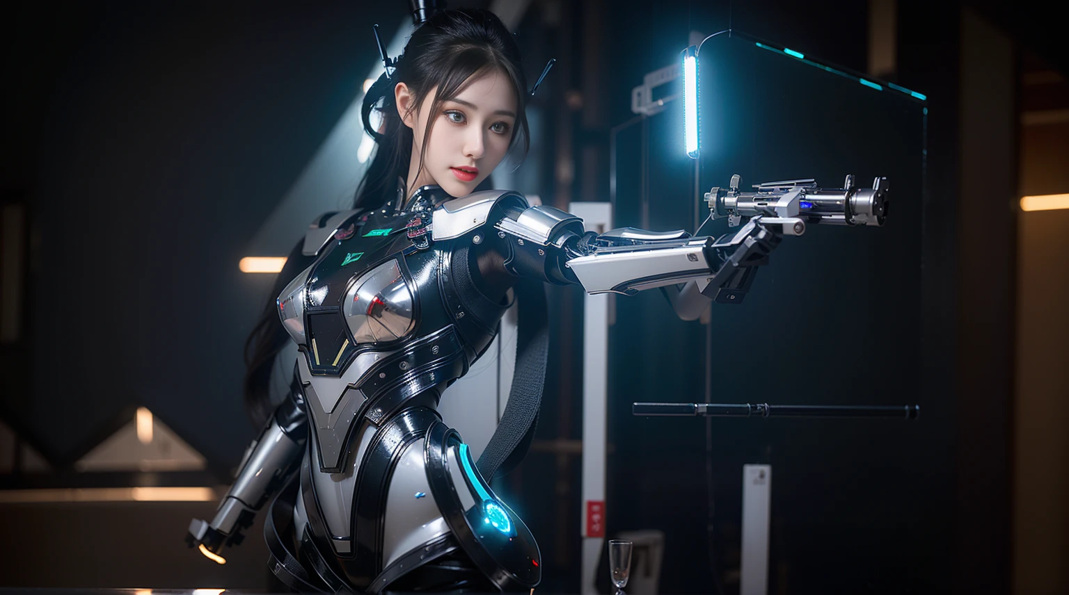 Super Detail, High Detail, high quality, best quality, High resolution，a female robot，Beautiful female robot,beautiful clear face(Rain waves_haneame：1.5)，mechanically constructed body，Machine armor，high tech，Military