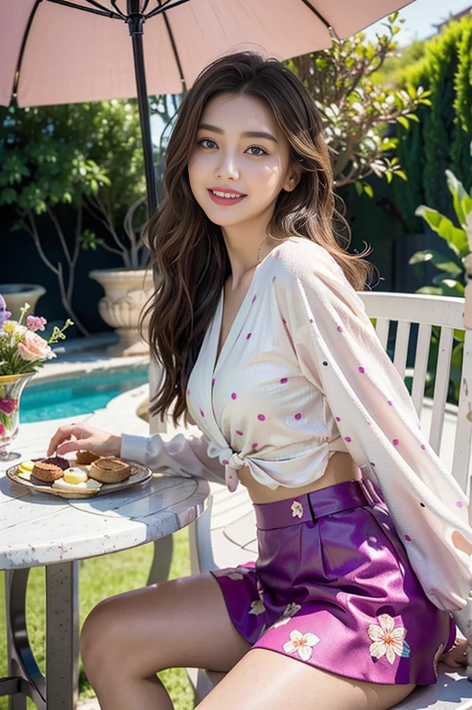professional photo of 1 girl, full body photo, masterpiece, garden terrace, view to the garden, photoRealistic, intricate-detail、Raw foto、perfect skin, radiant skin, white skin, natural makeup,  mix of taylor hill face, Yael Shelbia face, young monica bellucii face, irina shayk face, emily didonato face, amber heard face and miranda kerr face,Trending in art stations, 18K, Masterpiece、1girl 20 yrs, 170 height, very light brown medium Hair, , beautiful face, real face, better eyes, face and skin, small nose, sweet girl, jaw dropping beauty, smiling with dimples, white teeth, red lipstick, curly hair, blue eyes, beautiful eyes, seductive smile, full lips, curvy girl, gorgeous girl purple skirt with floral details, designer skirt, detailed legs, purple and pink clothes colors, vogue style, beautiful colors, beautiful contrast colors, Super detail body, perfect body, perfect legs, confident woman, seductive smile, orange and green Polka Dot Print blouse, and floral skirt, milk and mocha style, glamorous design with beautiful details, intricate details, designer outfit, blouse opens, vivid colors, foreground objects, background details,, feminine and stylish girl, super sharp image, 18K, beautiful pose, full body photo, smiling, vibrant colors, polka dot navyblue and pink blouse and floral skirt, beautiful clothes contrast, detailed hands, detailed fingers. Try adding a chic accent, uhd, masterpiece, various poses, image clarity, crystal clear, sitting on the chair in front of a table with food , garden terrace,under sun umbrella, pergola, view to the garden, image clarity, depth of field, real life enhancer, perfect legs, bottom angle, sideway angle, wide shot, front light, back light, very good light on her face to accentuate her beautiful face, beautiful texture of the skin,image clarity, the most beautiful girl in the world,accurate,flirting with  the camera, the biggest smile looking at me,vibrant colors