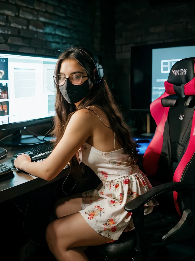 A vibrant gaming setup is the focus of this image, showcasing the side view of a girl deeply engrossed in her game. She sits in a sleek gaming chair with a black and red design. The room is illuminated with ambient purple lighting, enhancing the gaming atmosphere. She wears a pair of bright green over-ear headphones, contrasting with her long, dark hair that flows down her back. In front of her, a large monitor displays a vivid game scene, featuring various characters and landscapes. The background wall is made of exposed brick, adding a rustic touch to the otherwise modern setup. The overall scene captures the intense and immersive experience of a dedicated gamer.A hyper-realistic image of a young woman seated in a modern gaming chair. She has long, wavy hair cascading over her shoulders and wears glasses . Her attire is a delicate floral dress adorned with pink and orange flowers, complementing her soft and elegant look. gaming chair dark room screen light. She is wearing a mask, emphasizing a sense of contemporary context, and is positioned in front of a high-quality microphone, suggesting she is engaged in a streaming or recording session. The overall ambiance is serene yet focused, capturing a blend of natural beauty and modern technology.