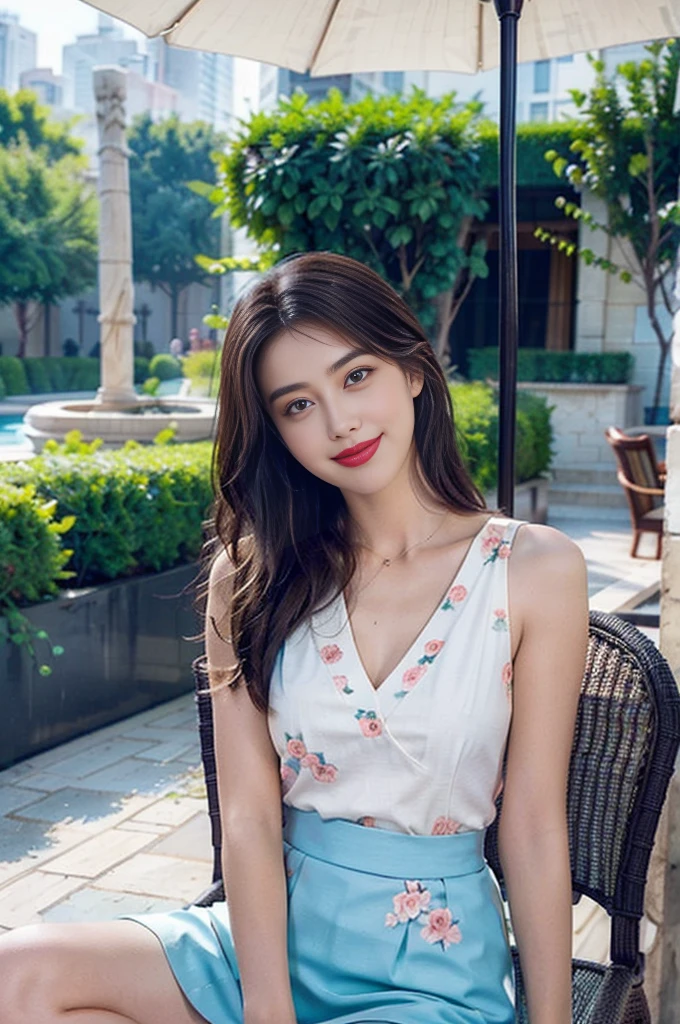 professional photo of 1 girl, full body photo, masterpiece, garden terrace, view to the garden, photoRealistic, intricate-detail、Raw foto、perfect skin, radiant skin, white skin, natural makeup, mix of taylor hill face, Yael Shelbia face, young monica bellucii face, irina shayk face, emily didonato face, amber heard face and miranda kerr face,Trending in art stations, 18K, Masterpiece、1girl 20 yrs, 170 height, very light brown medium Hair, , beautiful face, real face, better eyes, face and skin, small nose, sweet girl, jaw dropping beauty, smiling with dimples, white teeth, red lipstick, curly hair, blue eyes, beautiful eyes, seductive smile, full lips, curvy girl, gorgeous girl purple skirt with floral details, designer skirt, detailed legs, purple and pink clothes colors, vogue style, beautiful colors, beautiful contrast colors, Super detail body, perfect body, perfect legs, confident woman, seductive smile, orange and green Polka Dot Print blouse, and floral skirt, milk and mocha style, glamorous design with beautiful details, intricate details, designer outfit, blouse opens, vivid colors, foreground objects, background details,, feminine and stylish girl, super sharp image, 18K, beautiful pose, full body photo, smiling, vibrant colors, polka dot navyblue and pink blouse and floral skirt, beautiful clothes contrast, detailed hands, detailed fingers. Try adding a chic accent, uhd, masterpiece, various poses, image clarity, crystal clear, sitting on the chair in front of a table with food , garden terrace,under sun umbrella, pergola, view to the garden, image clarity, depth of field, real life enhancer, perfect legs, bottom angle, sideway angle, wide shot, front light, back light, very good light on her face to accentuate her beautiful face, beautiful texture of the skin,image clarity, the most beautiful girl in the world,accurate,flirting with the camera, the biggest smile looking at me,very bright and vivid